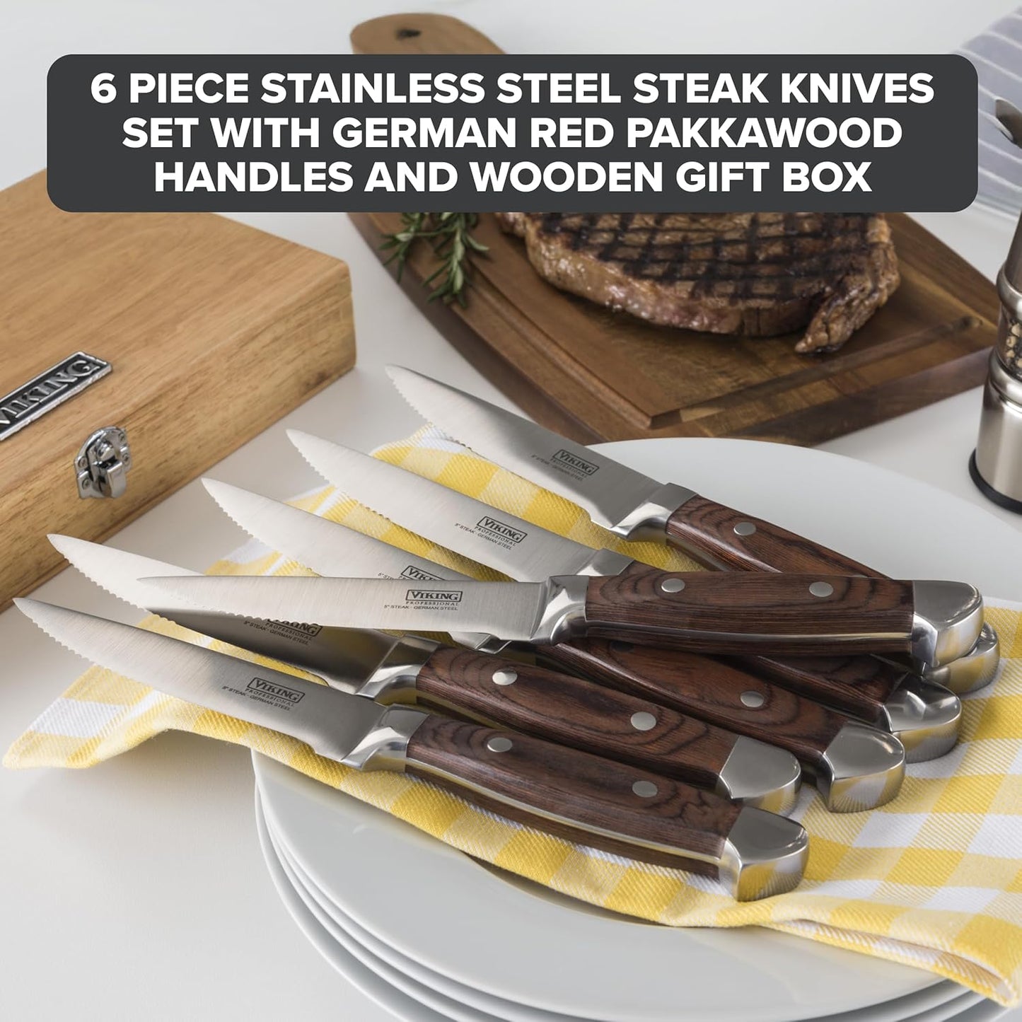 Steak Knife Set, 6-Piece German Stainless Steel Knives with Pakkawood Handles and Wooden Box, Hand Wash Only, Red