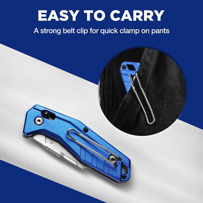 Premium Axis Lock Utility Knife Folding, Heavy Duty Metal Box Cutter with Quick Open Lock, Quick Change Blade Razor Knife, Foldable Pocket Knife with Belt Clip