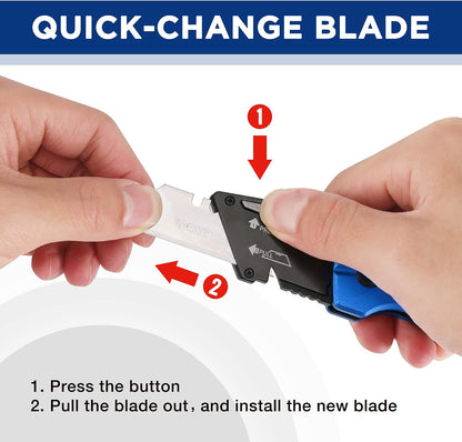 Premium Axis Lock Utility Knife Folding, Heavy Duty Metal Box Cutter with Quick Open Lock, Quick Change Blade Razor Knife, Foldable Pocket Knife with Belt Clip