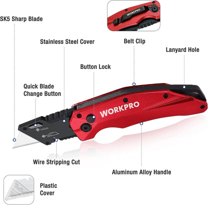 Premium Axis Lock Utility Knife Folding, Heavy Duty Metal Box Cutter with Quick Open Lock, Quick Change Blade Razor Knife, Foldable Pocket Knife with Belt Clip