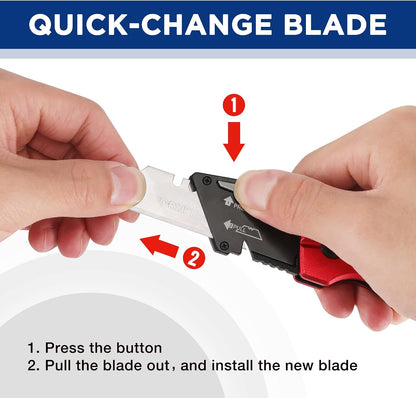 Premium Axis Lock Utility Knife Folding, Heavy Duty Metal Box Cutter with Quick Open Lock, Quick Change Blade Razor Knife, Foldable Pocket Knife with Belt Clip