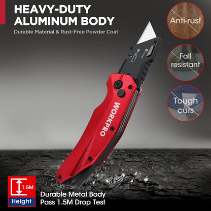 Premium Axis Lock Utility Knife Folding, Heavy Duty Metal Box Cutter with Quick Open Lock, Quick Change Blade Razor Knife, Foldable Pocket Knife with Belt Clip