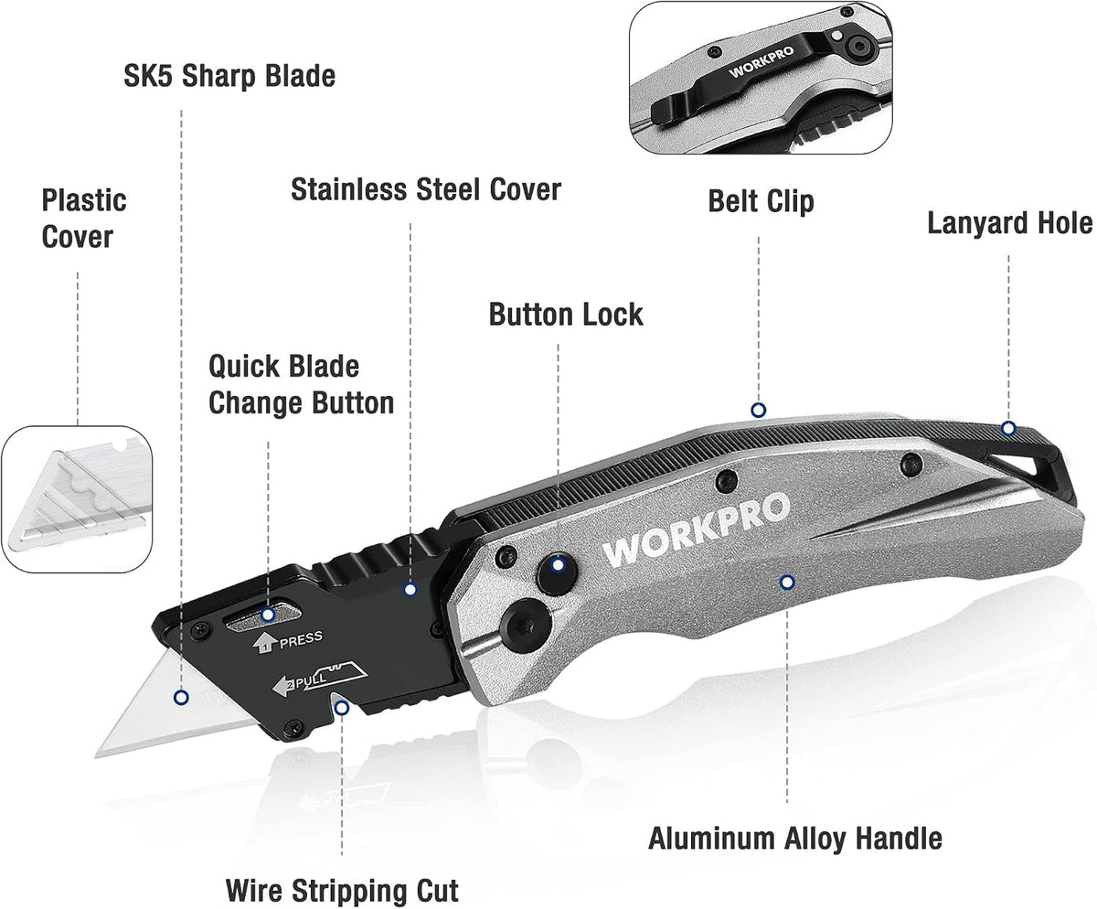 Premium Axis Lock Utility Knife Folding, Heavy Duty Metal Box Cutter with Quick Open Lock, Quick Change Blade Razor Knife, Foldable Pocket Knife with Belt Clip