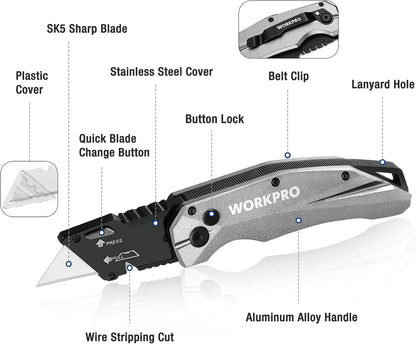 Premium Axis Lock Utility Knife Folding, Heavy Duty Metal Box Cutter with Quick Open Lock, Quick Change Blade Razor Knife, Foldable Pocket Knife with Belt Clip