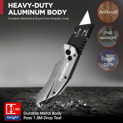 Premium Axis Lock Utility Knife Folding, Heavy Duty Metal Box Cutter with Quick Open Lock, Quick Change Blade Razor Knife, Foldable Pocket Knife with Belt Clip