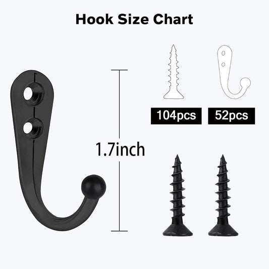 Coat Hooks-52 Pack Farmhouse Hooks with 104Pcs Screws, Black Decorative Rustic Coat Hooks Rack, Wall Mounted Single Prong Robe Hook, Vintage Organizer Hanging Wire Hook Clothes Hanger