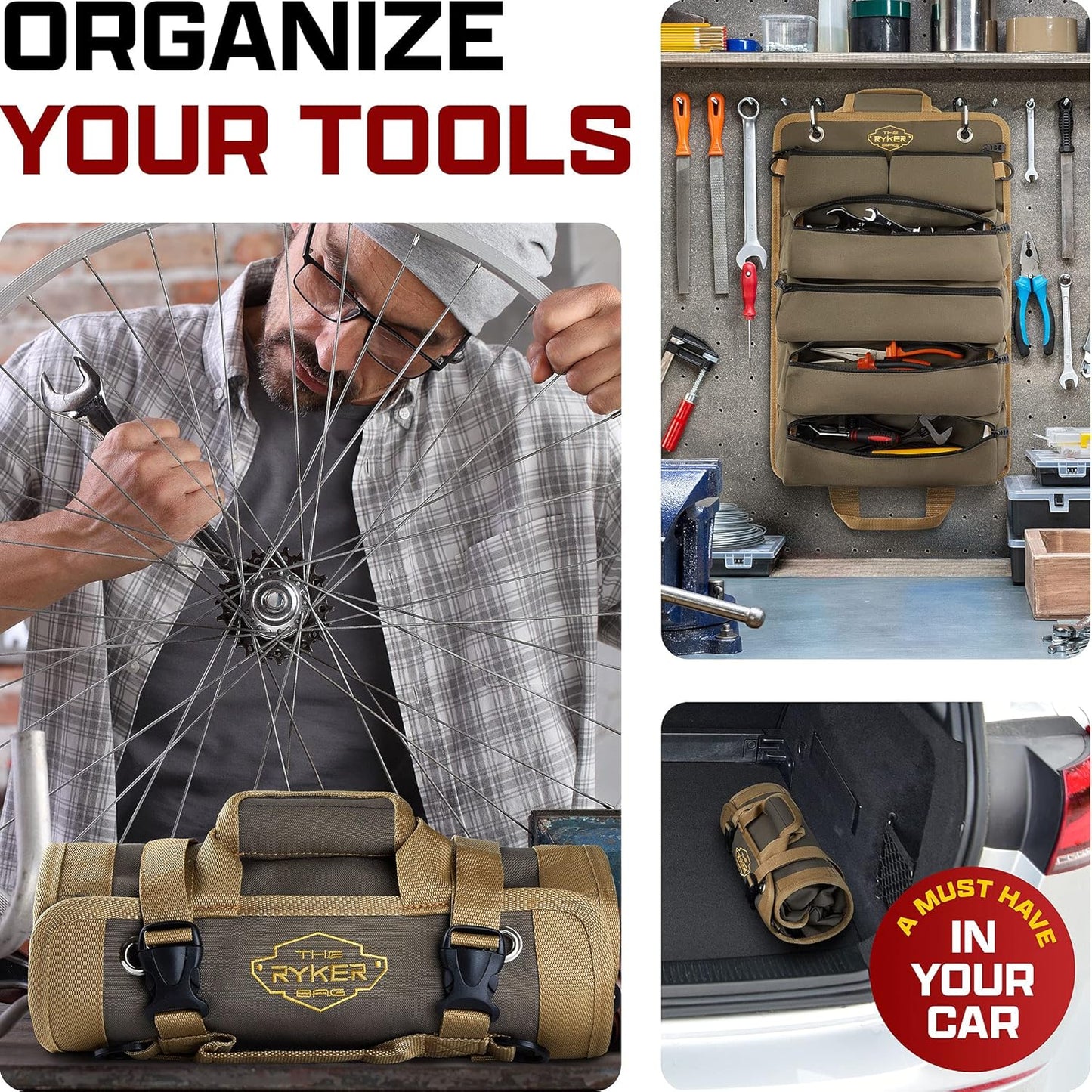 The Ryker Roll Up Tool Bag Organizer Gifts for Dad. Heavy Duty Motorcycle Tool Roll Bag Organizer. Portable Rollup Toolbag w/Detachable Pouches - Tools Bags Mens gifts for him - Mechanic & Electrician