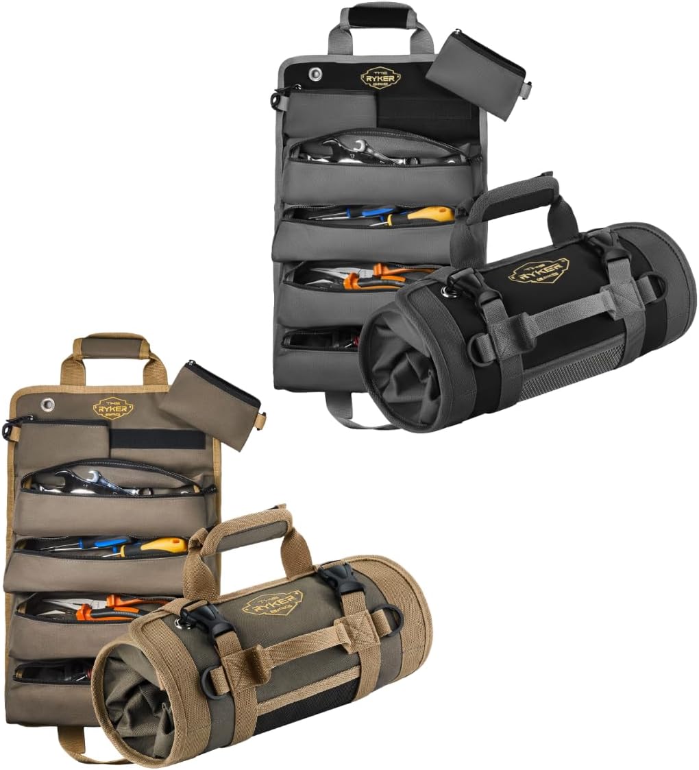 The Ryker Roll Up Tool Bag Organizer Gifts for Dad. Heavy Duty Motorcycle Tool Roll Bag Organizer. Portable Rollup Toolbag w/Detachable Pouches - Tools Bags Mens gifts for him - Mechanic & Electrician