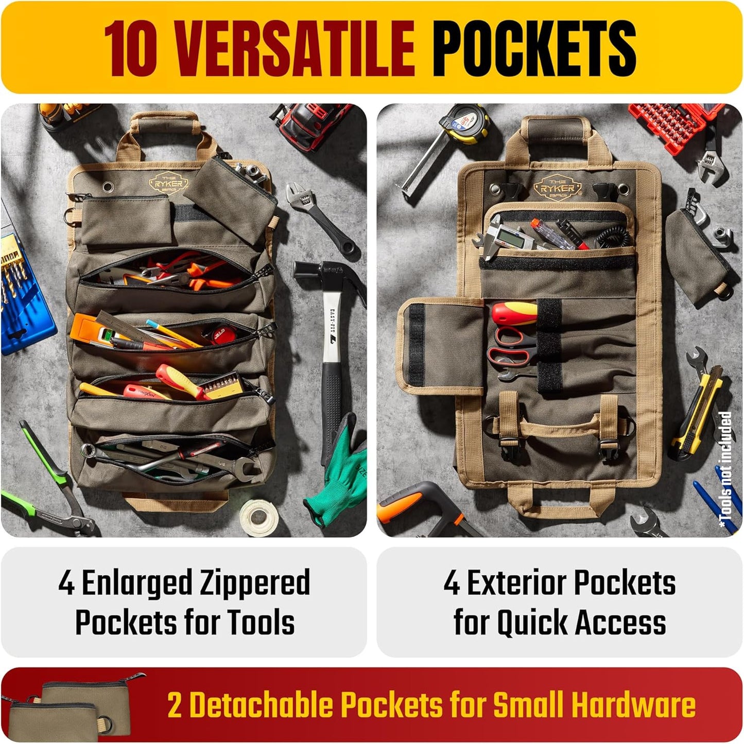 The Ryker Roll Up Tool Bag Organizer Gifts for Dad. Heavy Duty Motorcycle Tool Roll Bag Organizer. Portable Rollup Toolbag w/Detachable Pouches - Tools Bags Mens gifts for him - Mechanic & Electrician