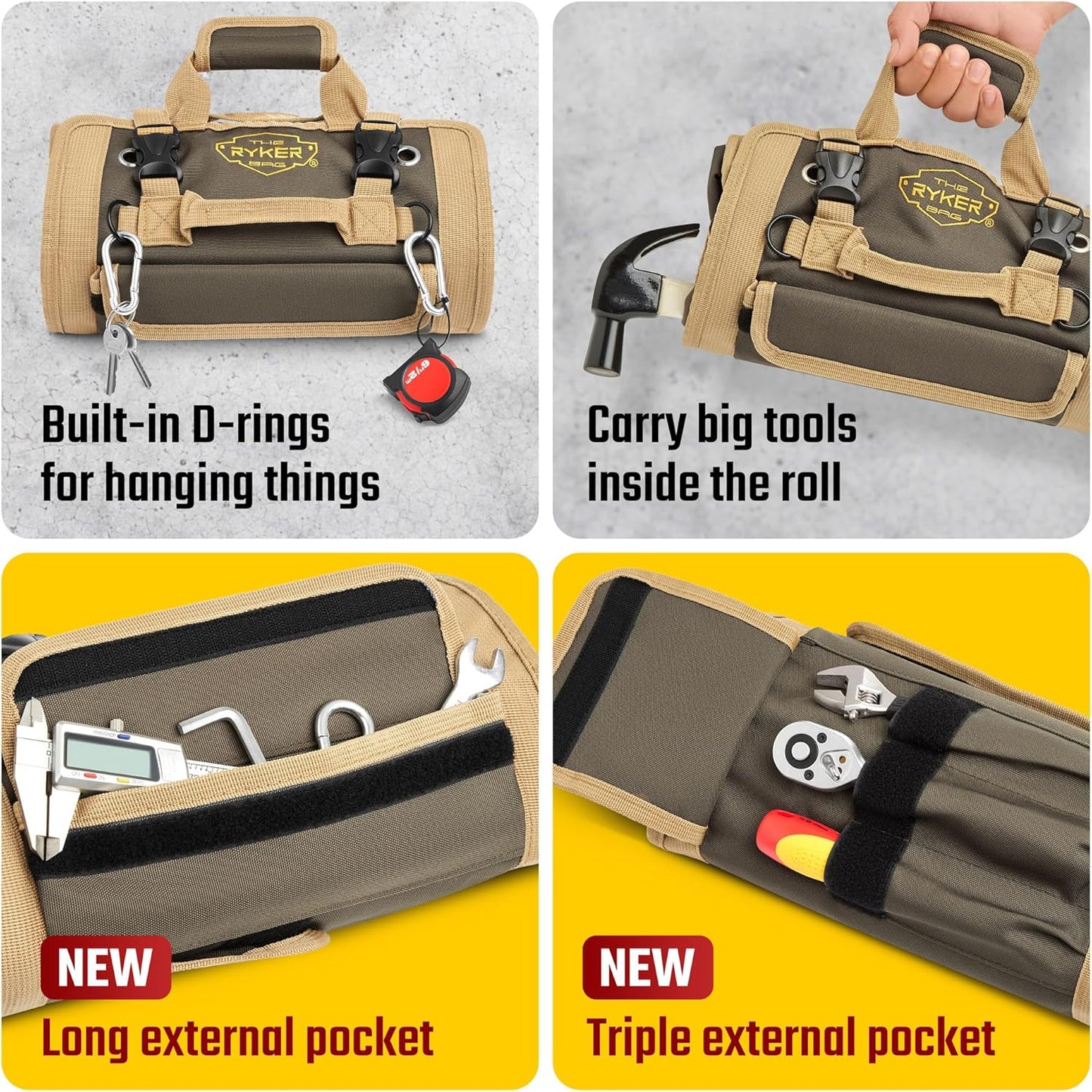 The Ryker Roll Up Tool Bag Organizer Gifts for Dad. Heavy Duty Motorcycle Tool Roll Bag Organizer. Portable Rollup Toolbag w/Detachable Pouches - Tools Bags Mens gifts for him - Mechanic & Electrician