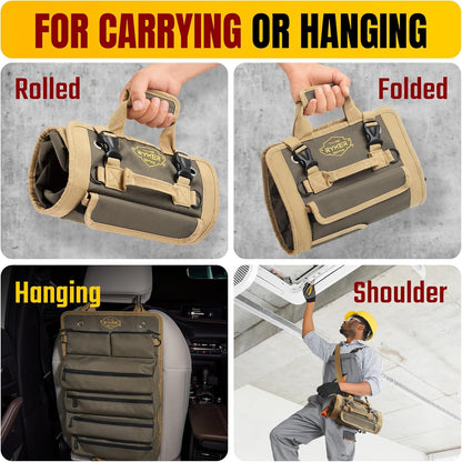 The Ryker Roll Up Tool Bag Organizer Gifts for Dad. Heavy Duty Motorcycle Tool Roll Bag Organizer. Portable Rollup Toolbag w/Detachable Pouches - Tools Bags Mens gifts for him - Mechanic & Electrician
