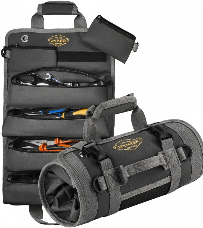 The Ryker Roll Up Tool Bag Organizer Gifts for Dad. Heavy Duty Motorcycle Tool Roll Bag Organizer. Portable Rollup Toolbag w/Detachable Pouches - Tools Bags Mens gifts for him - Mechanic & Electrician