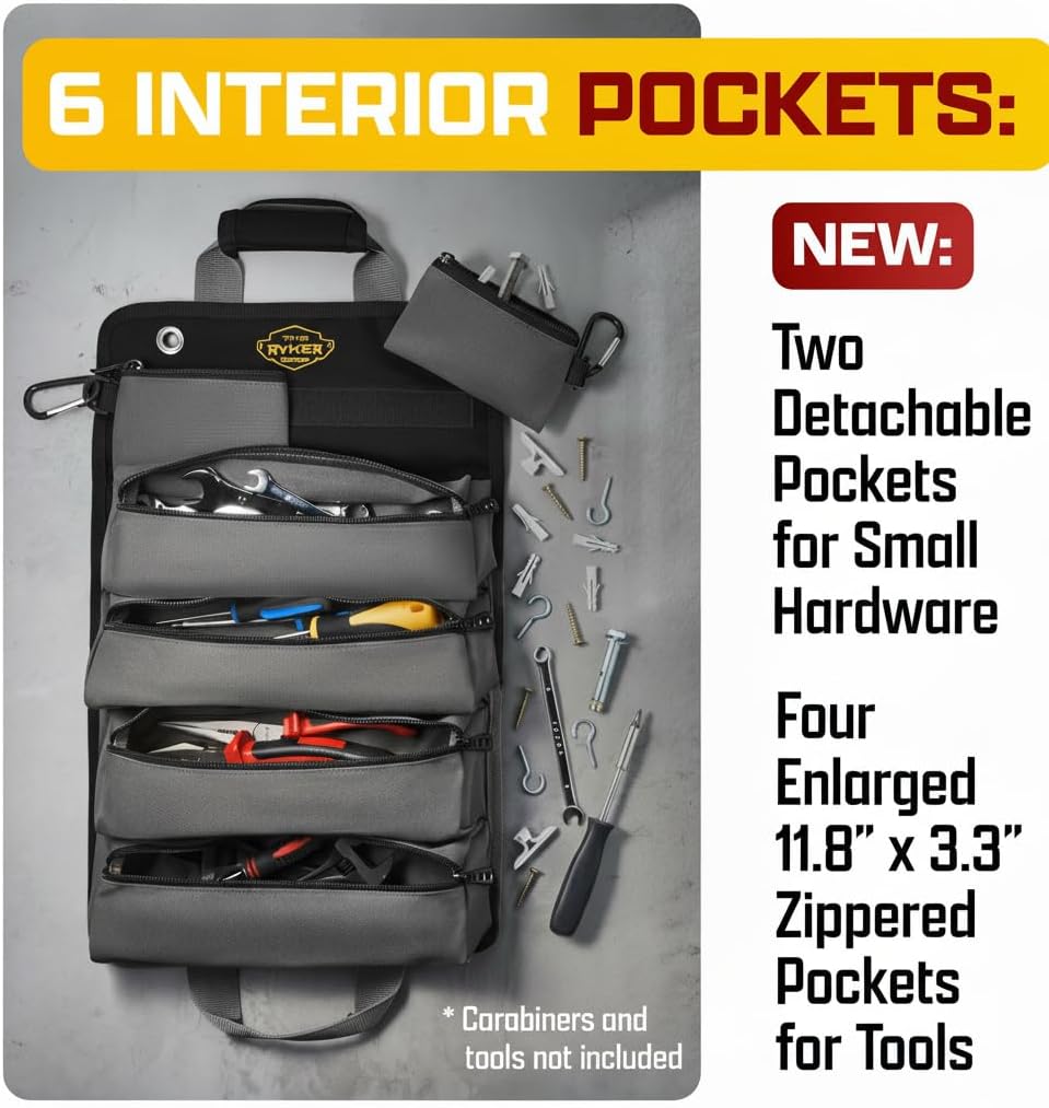 The Ryker Roll Up Tool Bag Organizer Gifts for Dad. Heavy Duty Motorcycle Tool Roll Bag Organizer. Portable Rollup Toolbag w/Detachable Pouches - Tools Bags Mens gifts for him - Mechanic & Electrician