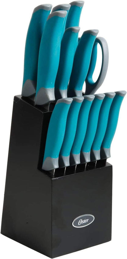 81007.14 Lindbergh 14 Piece Stainless Steel Cutlery Set Black Block With Sharpener, Teal Handle Kitchen Knives Set,Teal/Black