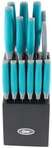 81007.14 Lindbergh 14 Piece Stainless Steel Cutlery Set Black Block With Sharpener, Teal Handle Kitchen Knives Set,Teal/Black