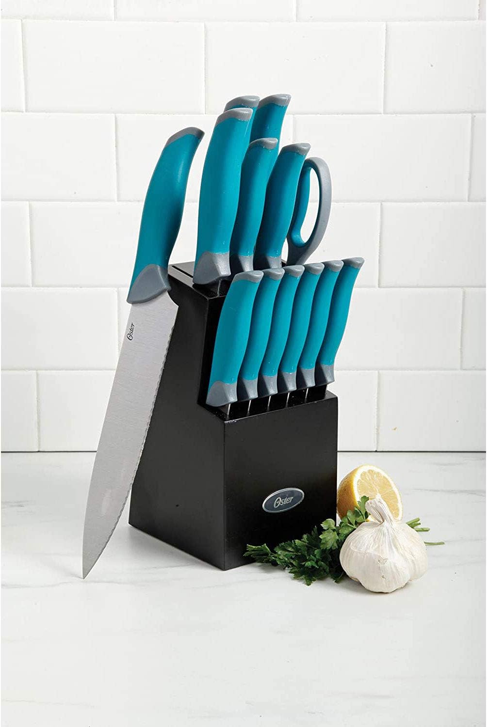 81007.14 Lindbergh 14 Piece Stainless Steel Cutlery Set Black Block With Sharpener, Teal Handle Kitchen Knives Set,Teal/Black