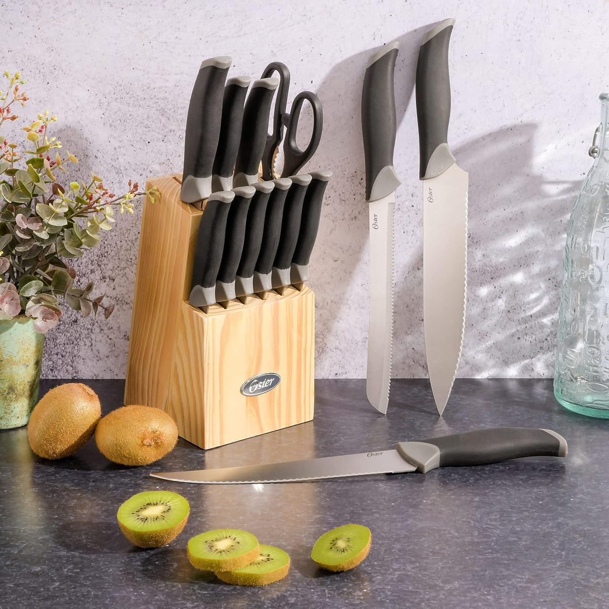 81007.14 Lindbergh 14 Piece Stainless Steel Cutlery Set Black Block With Sharpener, Teal Handle Kitchen Knives Set,Teal/Black