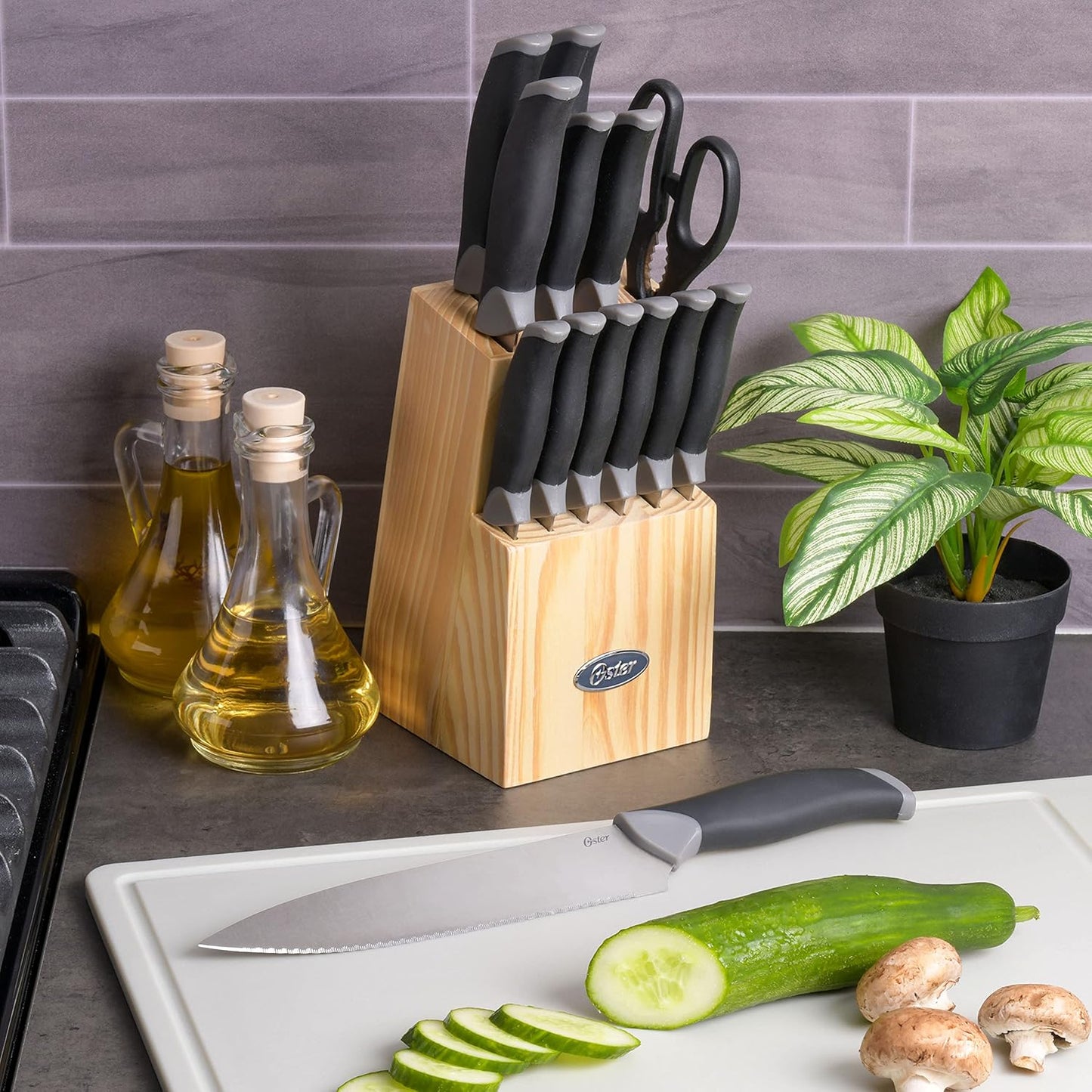 81007.14 Lindbergh 14 Piece Stainless Steel Cutlery Set Black Block With Sharpener, Teal Handle Kitchen Knives Set,Teal/Black