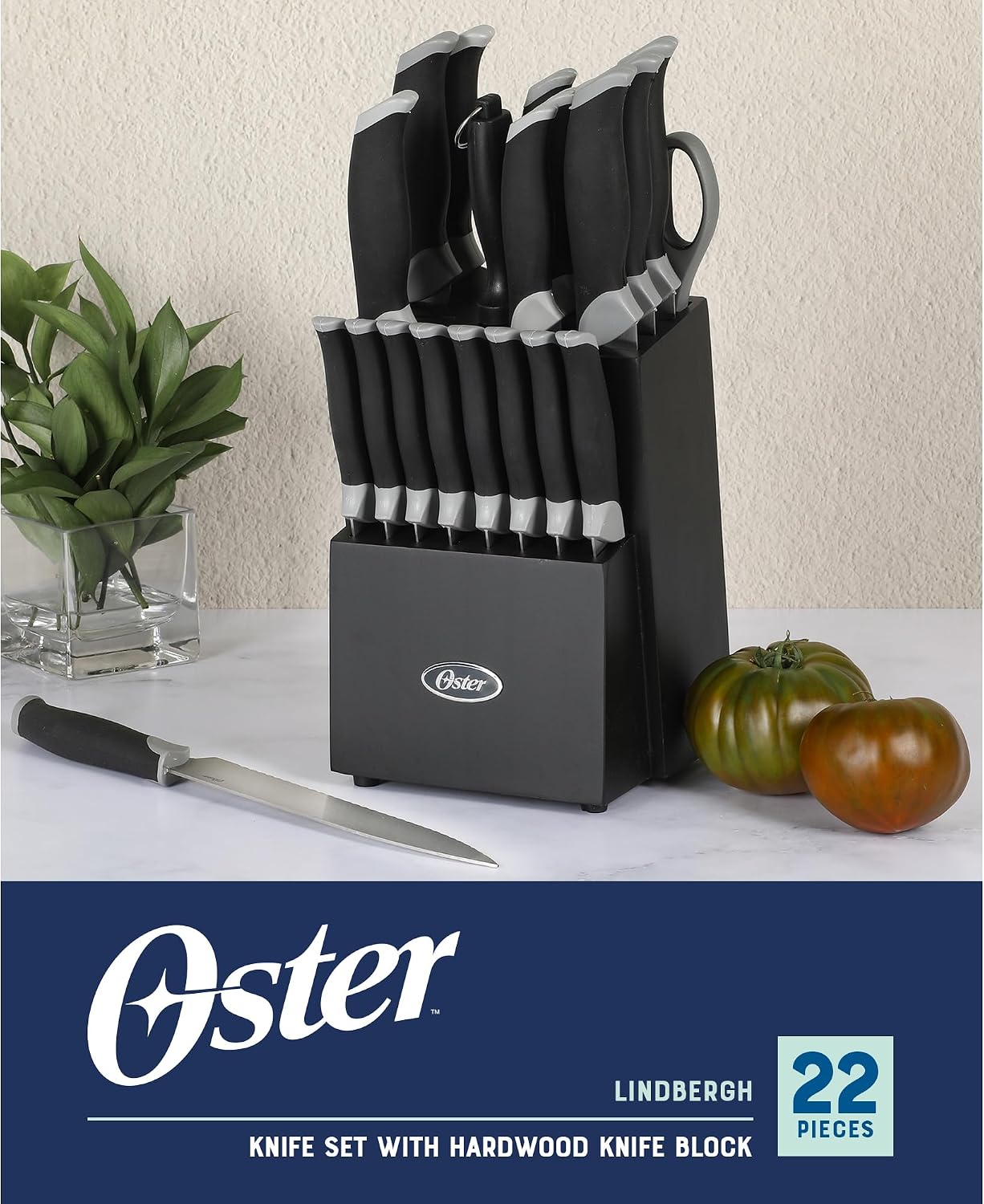 81007.14 Lindbergh 14 Piece Stainless Steel Cutlery Set Black Block With Sharpener, Teal Handle Kitchen Knives Set,Teal/Black