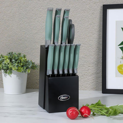 81007.14 Lindbergh 14 Piece Stainless Steel Cutlery Set Black Block With Sharpener, Teal Handle Kitchen Knives Set,Teal/Black