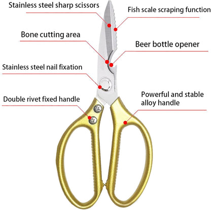 Kitchen Scissors All purpose, Have duty Stainless Steel Cooking Shears for Cutting Meat, Chicken,Poultry, Fish, Herbs, Seafood Scissors with Comfort Grip gold