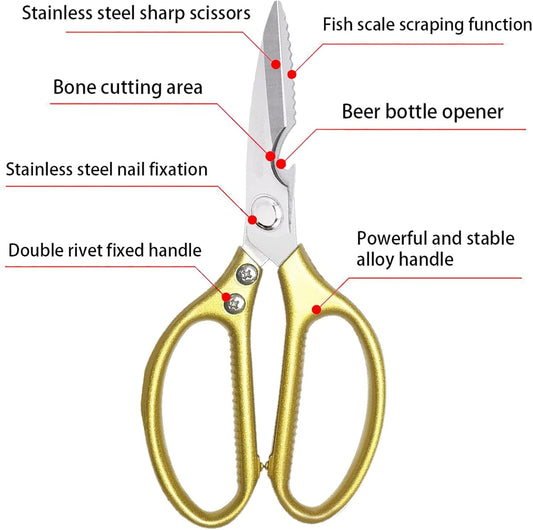 Kitchen Scissors All purpose, Have duty Stainless Steel Cooking Shears for Cutting Meat, Chicken,Poultry, Fish, Herbs, Seafood Scissors with Comfort Grip gold