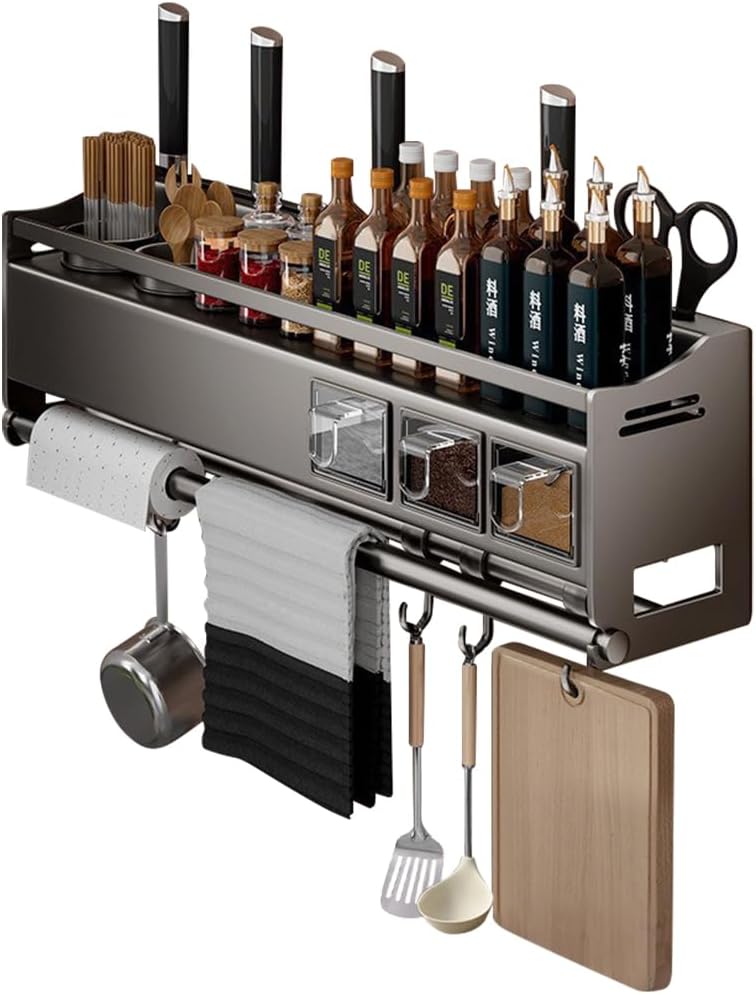 Multifunctional Kitchen Spice Rack Organizer Wall Mounted with Knife Holder Hooks and Pole Hanging Seasoning Organizer Shelf (3 Boxed and 2 Spoon Barrels)