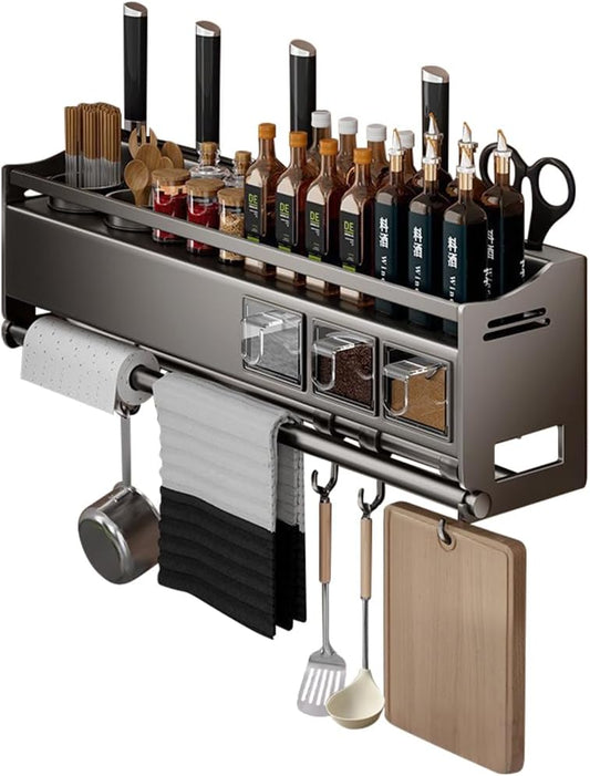 Multifunctional Kitchen Spice Rack Organizer Wall Mounted with Knife Holder Hooks and Pole Hanging Seasoning Organizer Shelf (3 Boxed and 2 Spoon Barrels)