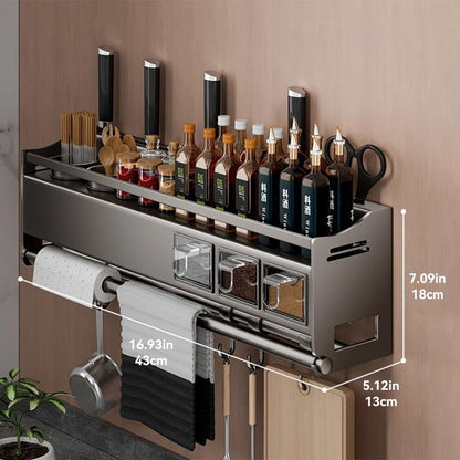 Multifunctional Kitchen Spice Rack Organizer Wall Mounted with Knife Holder Hooks and Pole Hanging Seasoning Organizer Shelf (3 Boxed and 2 Spoon Barrels)