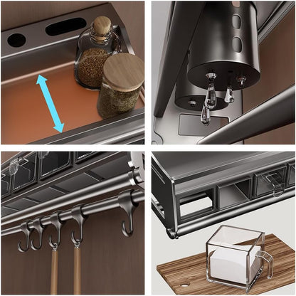 Multifunctional Kitchen Spice Rack Organizer Wall Mounted with Knife Holder Hooks and Pole Hanging Seasoning Organizer Shelf (3 Boxed and 2 Spoon Barrels)