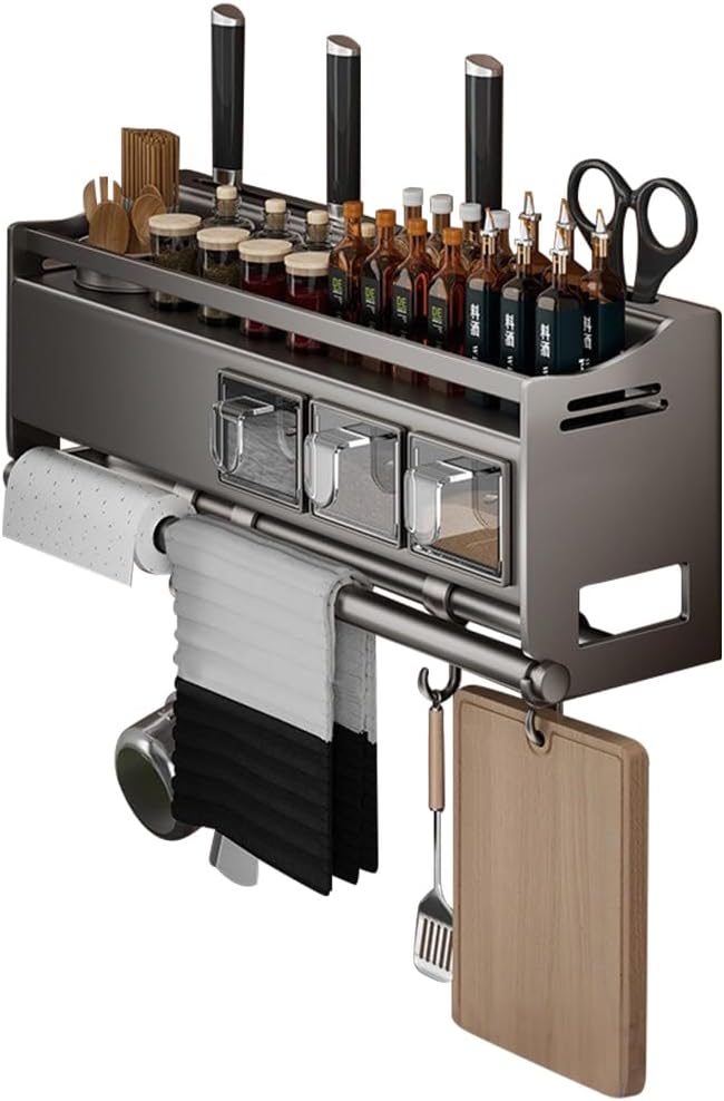 Multifunctional Kitchen Spice Rack Organizer Wall Mounted with Knife Holder Hooks and Pole Hanging Seasoning Organizer Shelf (3 Boxed and 2 Spoon Barrels)