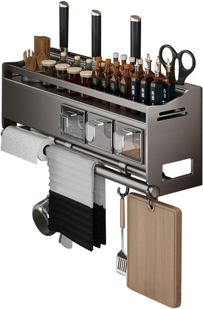 Multifunctional Kitchen Spice Rack Organizer Wall Mounted with Knife Holder Hooks and Pole Hanging Seasoning Organizer Shelf (3 Boxed and 2 Spoon Barrels)