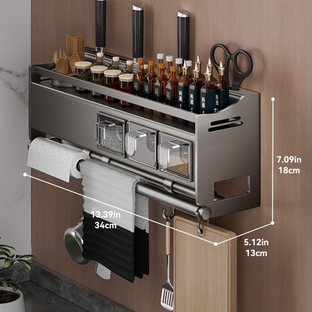 Multifunctional Kitchen Spice Rack Organizer Wall Mounted with Knife Holder Hooks and Pole Hanging Seasoning Organizer Shelf (3 Boxed and 2 Spoon Barrels)