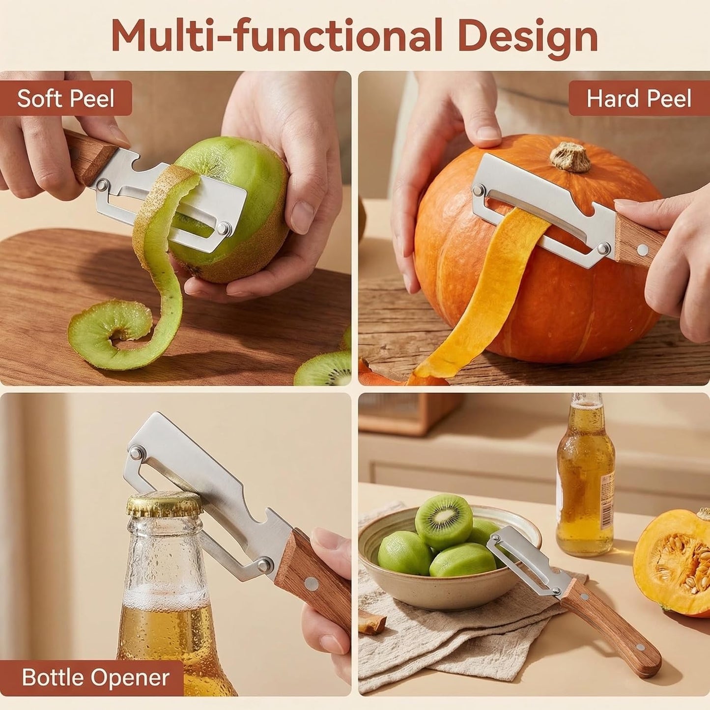 Multi-Functional Vegetable Peeler for Kitchen, New Ultra-Sharp Stainless Steel Blade with Wooden Handle and Bottle Opener, For Fruits and vegetables (1 Pcs)