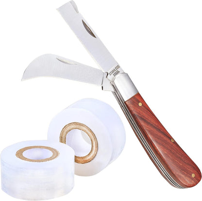 Grafting Knife With 2 Blades & 2 Tapes - Stainless Steel Gardening Tool for Plant Grafting, Pruning, Fruit Picking - Portable Rosewood Handle, Bark Lifter (Foldable)