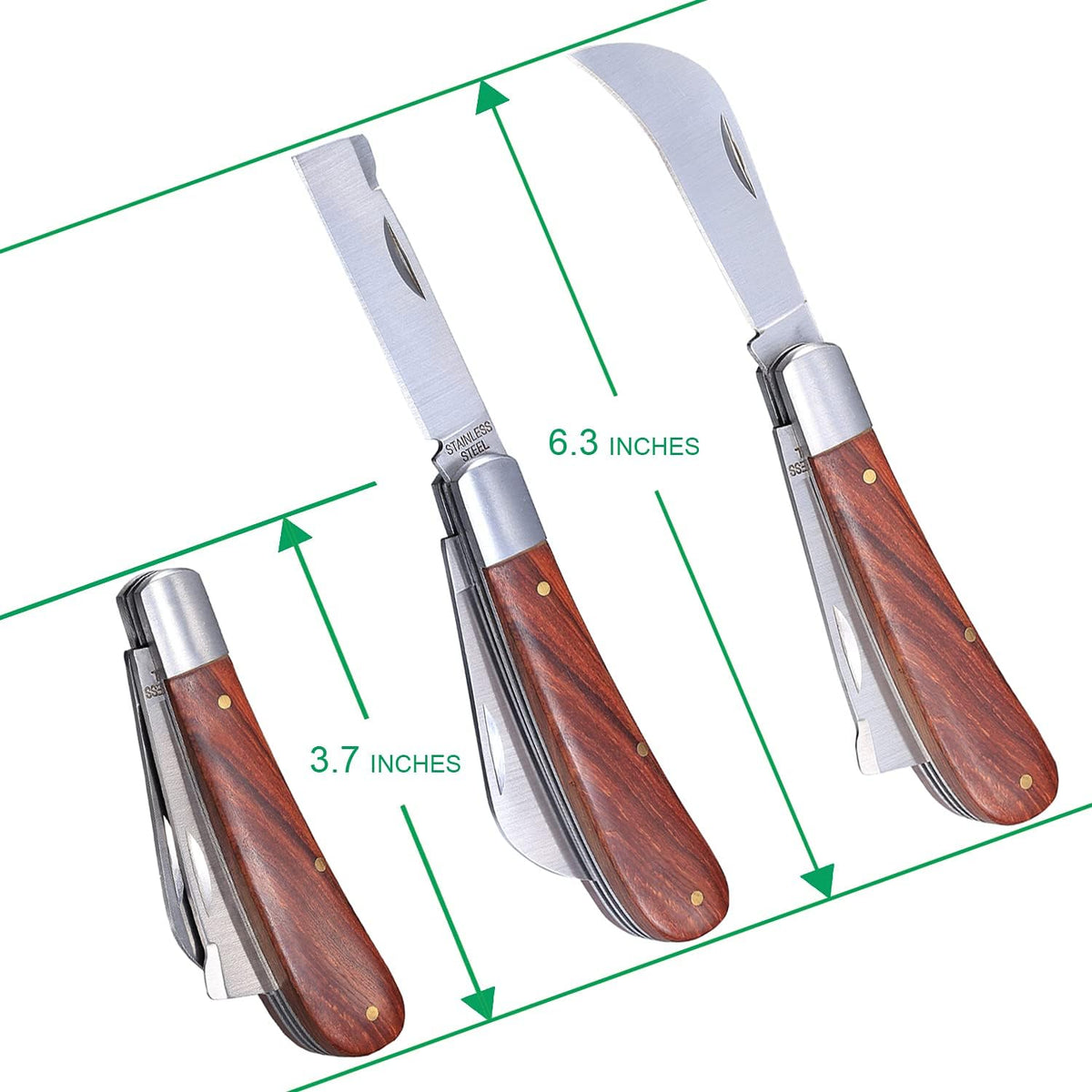 Grafting Knife With 2 Blades & 2 Tapes - Stainless Steel Gardening Tool for Plant Grafting, Pruning, Fruit Picking - Portable Rosewood Handle, Bark Lifter (Foldable)