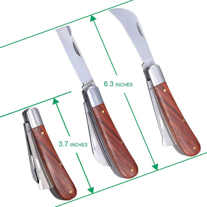 Grafting Knife With 2 Blades & 2 Tapes - Stainless Steel Gardening Tool for Plant Grafting, Pruning, Fruit Picking - Portable Rosewood Handle, Bark Lifter (Foldable)