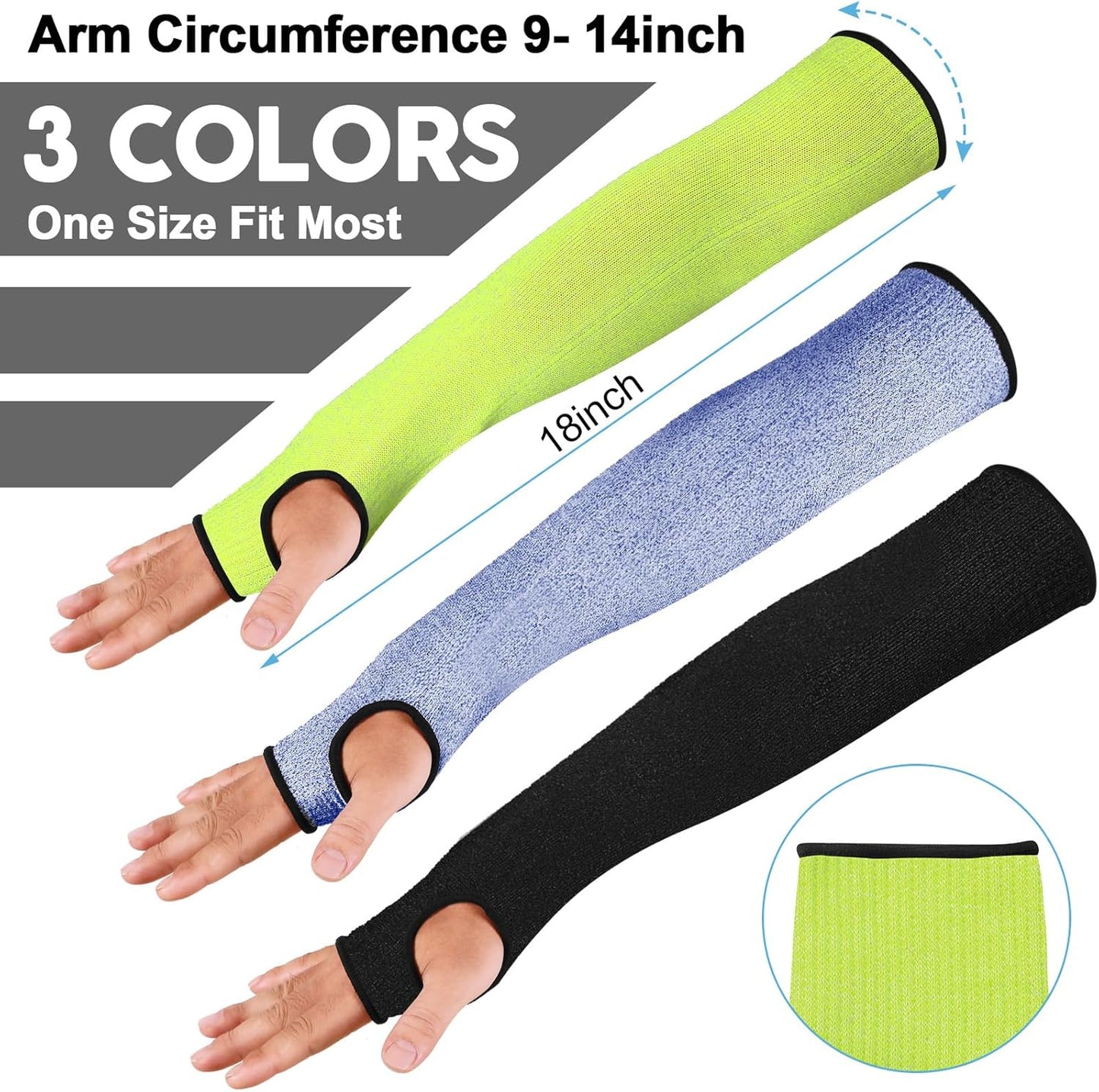 6 Pairs Level 5 Cut Resistant Sleeves with Thumb Hole 18 Inches Arm Protection Sleeve Farmer Gardening (Black,Blue,Green)