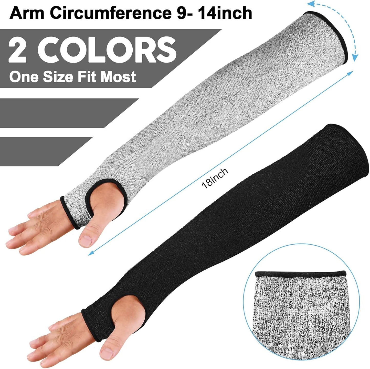 6 Pairs Level 5 Cut Resistant Sleeves with Thumb Hole 18 Inches Arm Protection Sleeve Farmer Gardening (Black,Blue,Green)