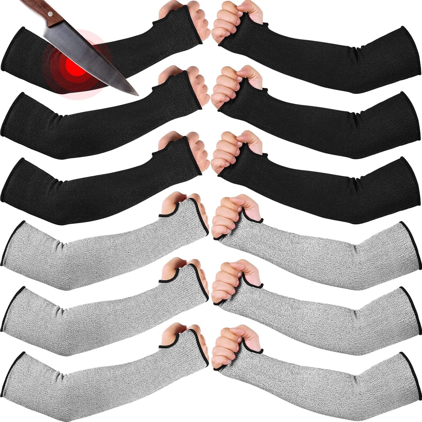 6 Pairs Level 5 Cut Resistant Sleeves with Thumb Hole 18 Inches Arm Protection Sleeve Farmer Gardening (Black,Blue,Green)