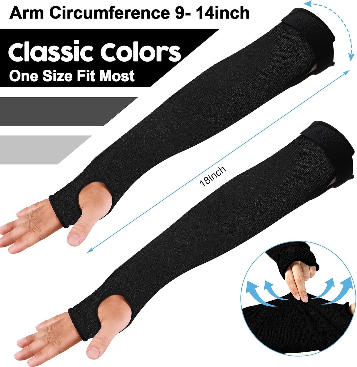 6 Pairs Level 5 Cut Resistant Sleeves with Thumb Hole 18 Inches Arm Protection Sleeve Farmer Gardening (Black,Blue,Green)