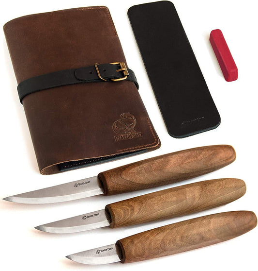 Deluxe Wood Carving Kit with 3pcs High‑Carbon Steel Sloyd Knives S19x – Whittling Knife Set with Walnut Handles, Leather Tool Roll & Leather Strop, Polishing Compound – Wood Carving Tools
