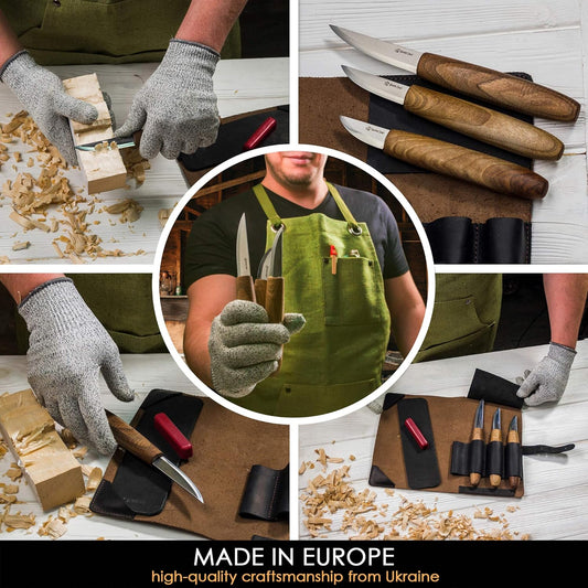 Deluxe Wood Carving Kit with 3pcs High‑Carbon Steel Sloyd Knives S19x – Whittling Knife Set with Walnut Handles, Leather Tool Roll & Leather Strop, Polishing Compound – Wood Carving Tools