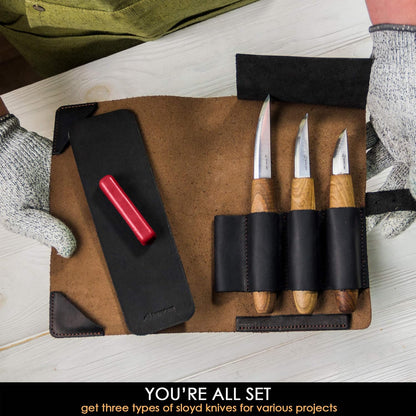 Deluxe Wood Carving Kit with 3pcs High‑Carbon Steel Sloyd Knives S19x – Whittling Knife Set with Walnut Handles, Leather Tool Roll & Leather Strop, Polishing Compound – Wood Carving Tools