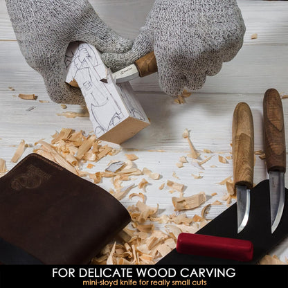 Deluxe Wood Carving Kit with 3pcs High‑Carbon Steel Sloyd Knives S19x – Whittling Knife Set with Walnut Handles, Leather Tool Roll & Leather Strop, Polishing Compound – Wood Carving Tools
