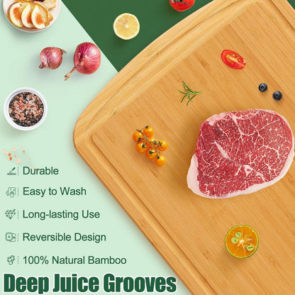 Extra Large Organic Bamboo Cutting Boards for Kitchen, 17.5"x12" | Wood XL Cutting Board with Juice Groove and Handles, Charcuterie Butcher Block Serving & Chopping Board, Pre Oiled