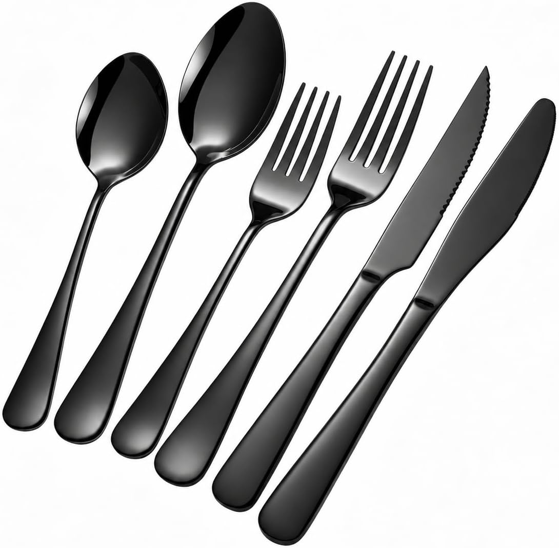 Black Silverware Set with Steak Knives, 24-Piece Flatware Set for 4 | Titanium Plated Black Eating Utensils Cutlery Set, Modern Mirror Finish Silverware Set for Kitchen & Home Dishwasher Safe