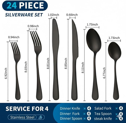 Black Silverware Set with Steak Knives, 24-Piece Flatware Set for 4 | Titanium Plated Black Eating Utensils Cutlery Set, Modern Mirror Finish Silverware Set for Kitchen & Home Dishwasher Safe