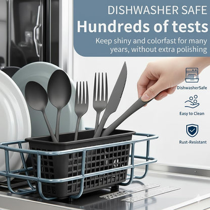 Black Silverware Set with Steak Knives, 24-Piece Flatware Set for 4 | Titanium Plated Black Eating Utensils Cutlery Set, Modern Mirror Finish Silverware Set for Kitchen & Home Dishwasher Safe