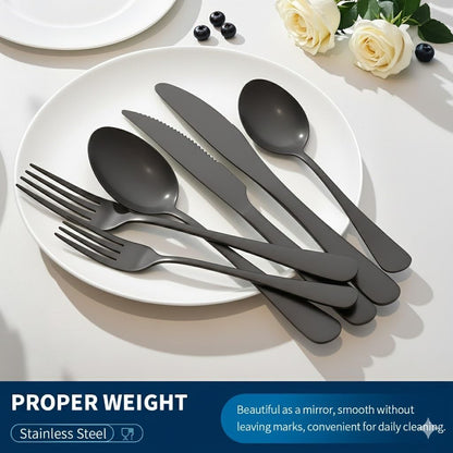Black Silverware Set with Steak Knives, 24-Piece Flatware Set for 4 | Titanium Plated Black Eating Utensils Cutlery Set, Modern Mirror Finish Silverware Set for Kitchen & Home Dishwasher Safe